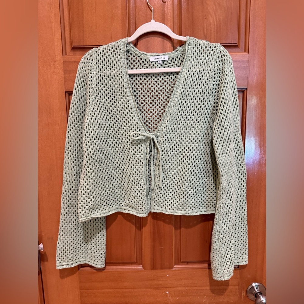 Pointelle Green Knit Tie-Front Cardigan